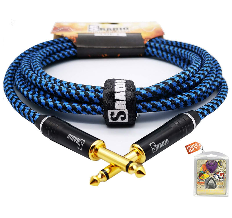 SRADIO Guitar Instrument Cable 10 Foot, AMP Cord Straight 1/4-Inch TS to Straight 1/4-Inch TS Guitar Cable 10FT with Blue Tweed Cloth for Electric Guitar，Bass，Keyboard Blue Black