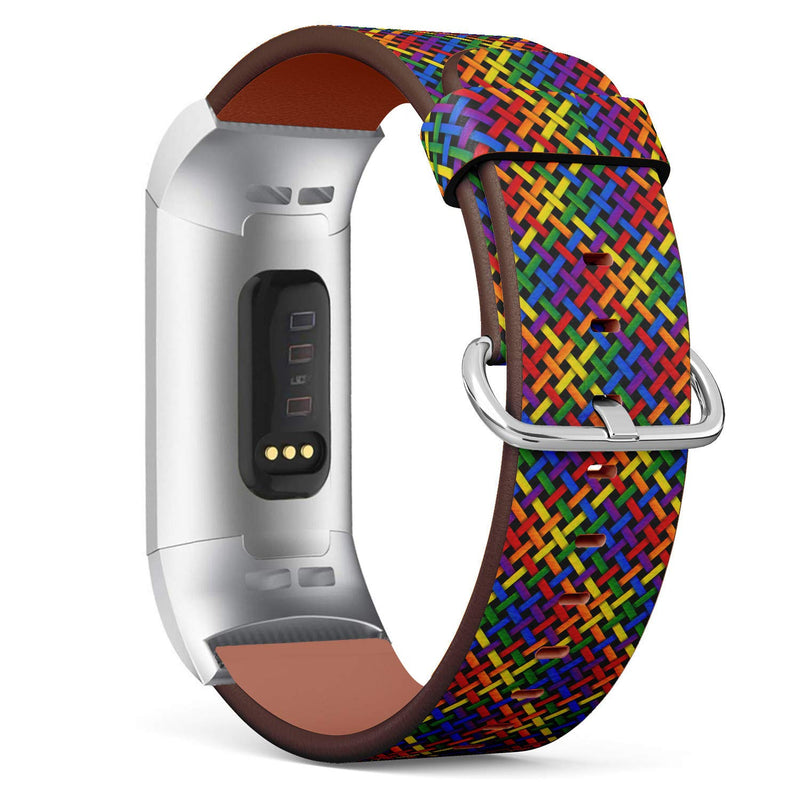 Rainbow Texture with Diagonal Stripes Pattern - Patterned Leather Wristband Strap Compatible with Fitbit Charge 3