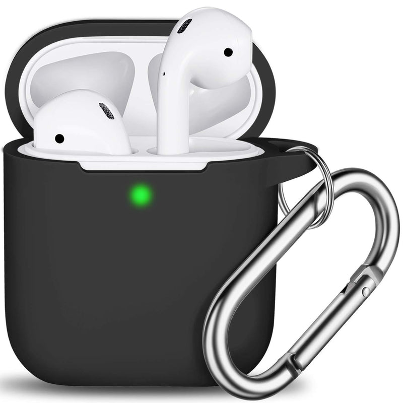 AirPods Case Cover with Keychain, Full Protective Silicone AirPods Accessories Skin Cover for Women Girl with Apple AirPods Wireless Charging Case,Front LED Visible-Black A-Black
