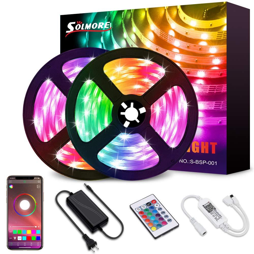 [AUSTRALIA] - 32.8FT LED Strip Lights,SOLMORE Bluetooth RGB LED Strips Music Sync Color Changing LED Light Strips 24-Key Remote DIY RGB LED Strips App Controlled Rope Lights for Bedroom Ceiling Hallowen Decoration 