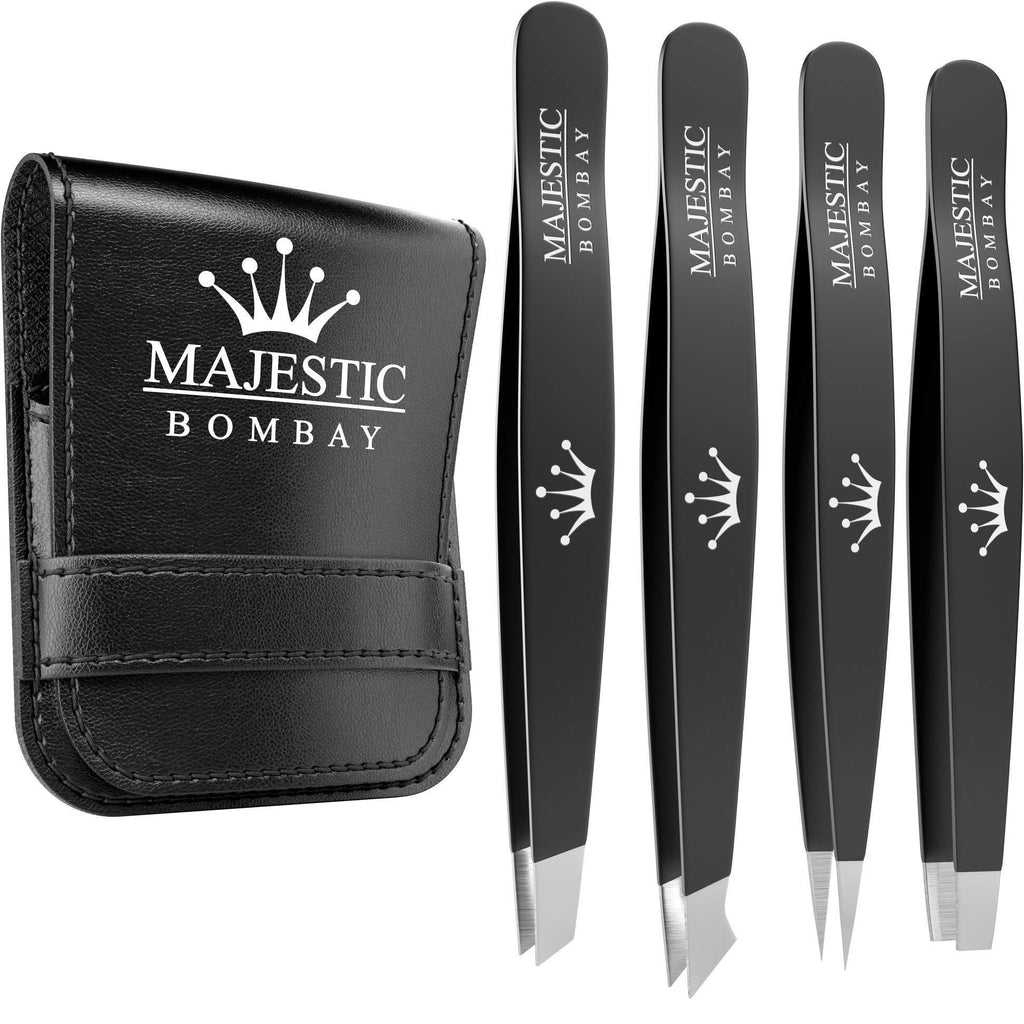 Tweezers Set 4-piece-Stainless Steel Slant Tip + Sharp Pointed Eyebrow Tweezer Set-Precision Facial Hair Removal ,Eyebrow Hair,Splinter,Blackhead,Ingrown Hair/Tick Remover-Ends Meet Perfect