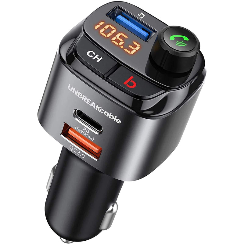 UNBREAKcable Bluetooth 5.0 FM Transmitter for Car, 18W PD3.0 & QC3.0 Car Charger, Wireless Bluetooth FM Radio Adapter, Bass Booster Music Player FM Car Kit, Hands-Free Calling, Support USB Drive