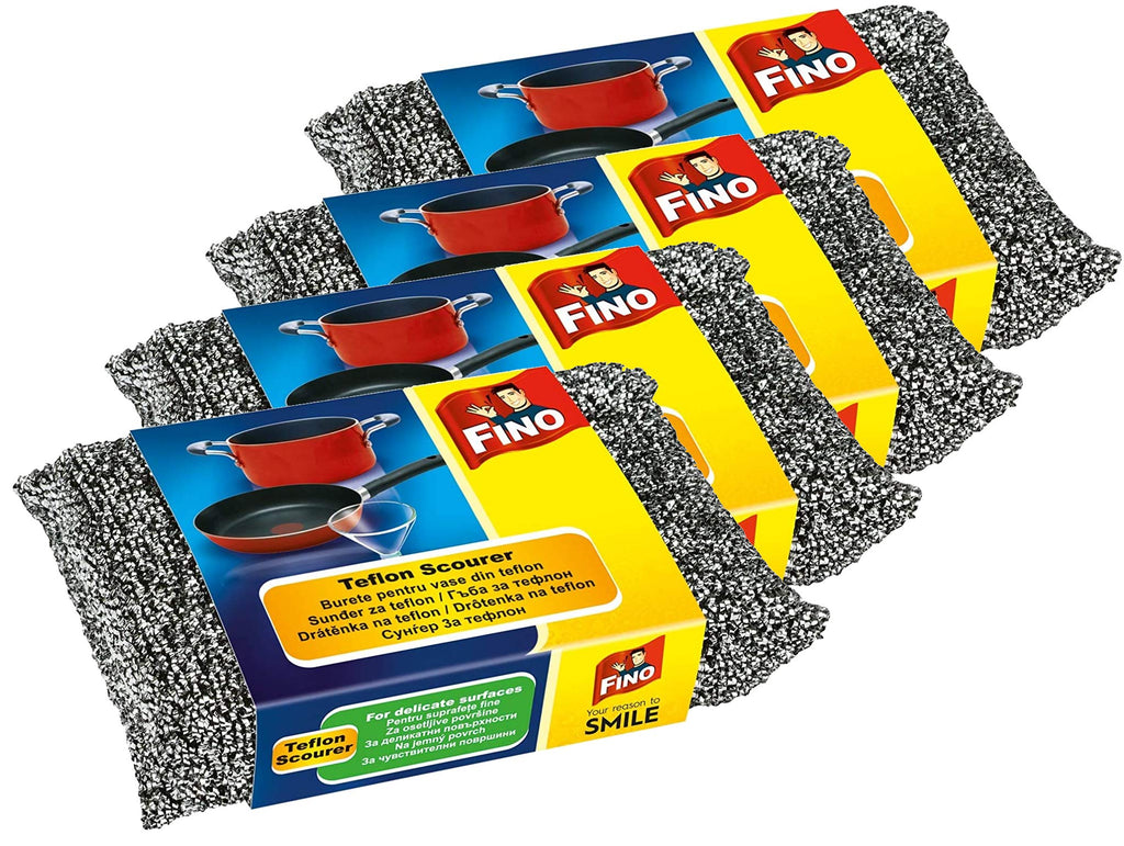 Fino Teflon Scourer Pad (4 Pack) - Made in Europe cleaning sponge for delicate surfaces including porcelain and non-stick surfaces
