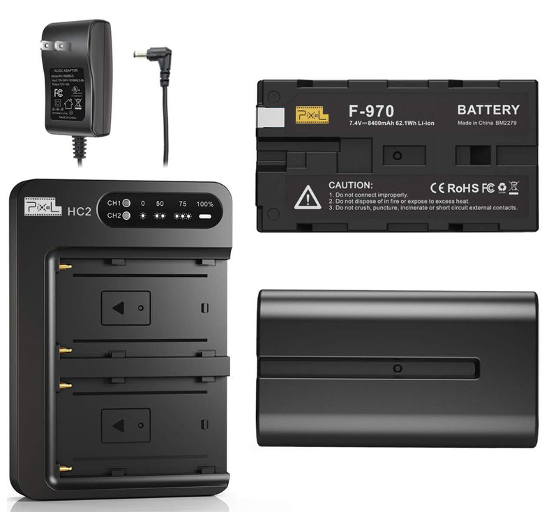 NP-F970 Battery and Charger, Pixel 2 Pack 8400mAh NP F970 Battery with 30W Dual Channel Charger for Sony NP F750, F550, F570 and Sony TR917, CCD-SC55, Fit for Pixel 60C Ring Light and K80 Video Light