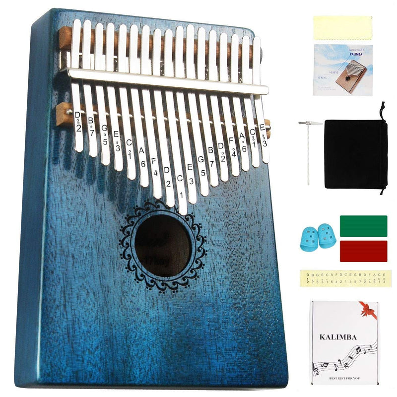 Kalimba Thumb Piano 17 Keys with mahogany Wood Portable Mbira Finger Piano Gifts for Kids and piano Beginners Professional (Bright blue)