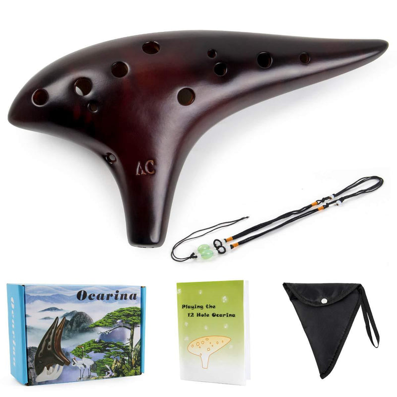 AKLOT Beginner Ocarina 12 Holes Alto C Ceramic with Carry Bag Music Book Strap Smokey