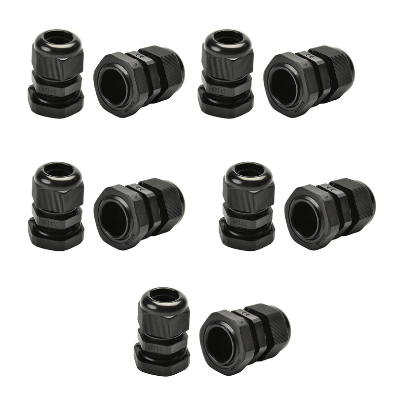 Fielect 10Pcs Plastic Waterproof NPT1 Cable Glands Joints Adjustable Connector Black for 8-14mm Dia Cable NPT1/2''