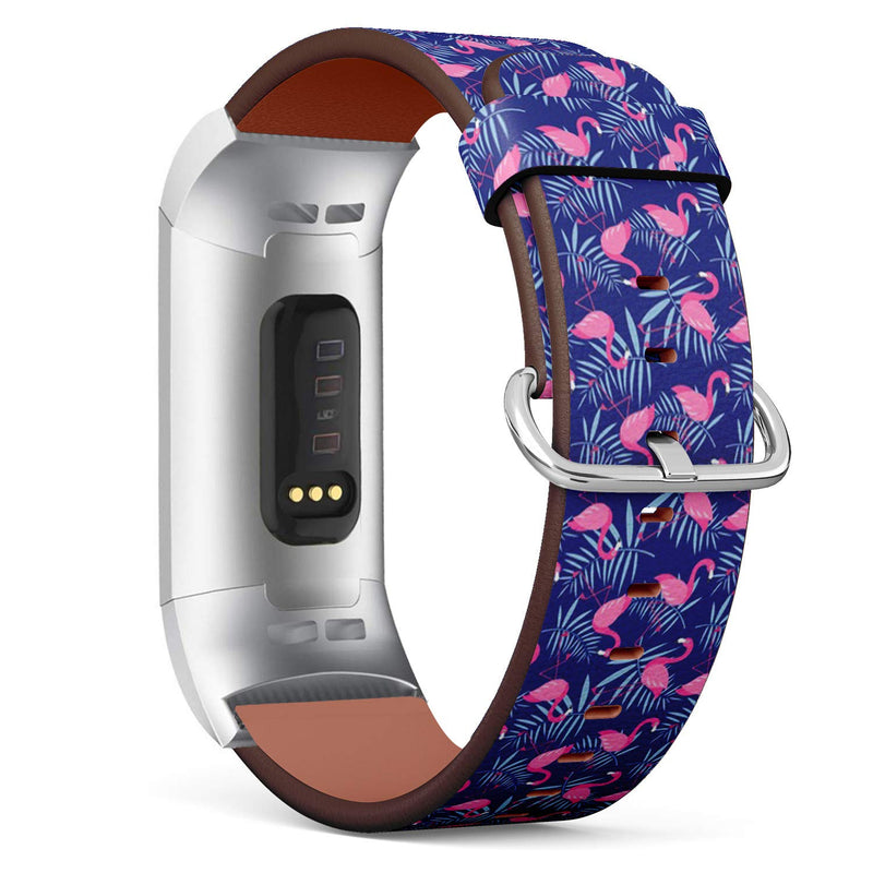 Compatible with Fitbit Charge 3/3 SE - Leather Wristband Bracelet Replacement Accessory Band (Includes Adapters) - Pink Flamingo Birds