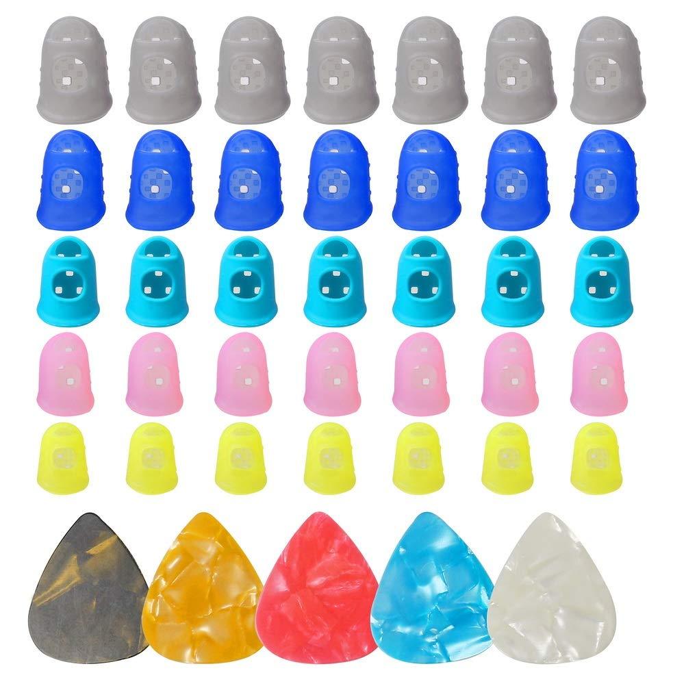 Pengxiaomei Silicone Finger Guards, 35 pcs Colorful Guitar Finger Protector in 5 Sizes und 5 Colors mit 5 pcs Guitar Picks for Ukulele Electric Guitar