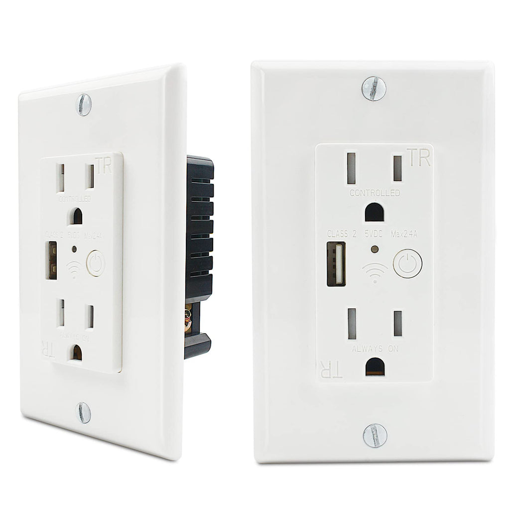 2 Pack Electrical Outlet in-Wall with 2.4A USB Port, Smart Wi-Fi Socket with 2 Plug Outlet, Compatible with 15 Amp Divided Controller, Work with Alexa and Google Home, ETL & FCC Certified