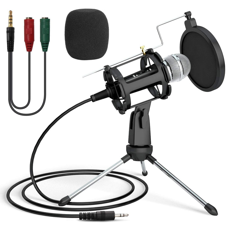 Recording Microphone with Stand, PEMOTech Plug and Play Microphone for iPhone Computer, with [Real-Time Earback Monitor] Podcast Condenser Microphone, PC Mic for Singing/Studio/Gaming/Live Stream