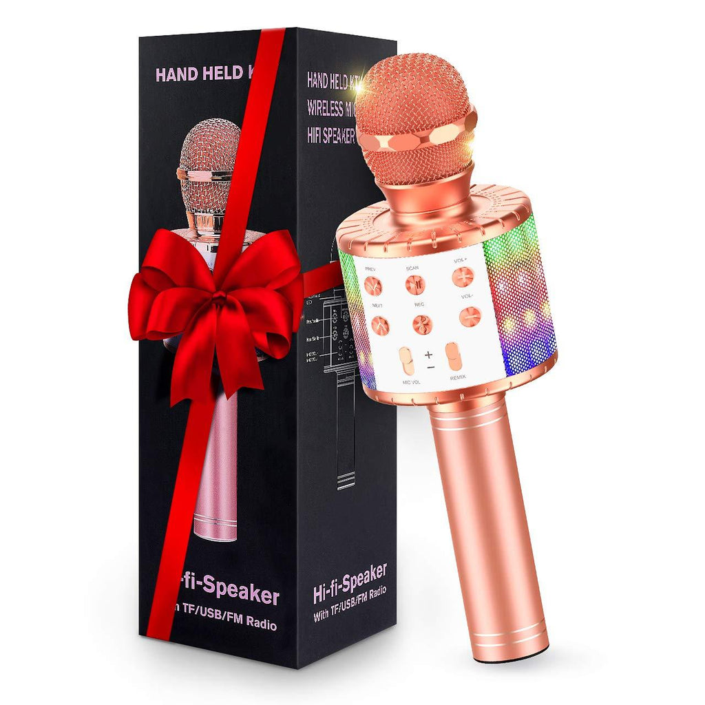 [AUSTRALIA] - Wireless Bluetooth Karaoke Microphone with Multi-Color LED Lights, Tesoky 4 in 1 Portable Handheld Karaoke Machine Mic Hi-Fi Microphone Speaker System for Kids Adults, for Android/iPhone/PC Rose Gold 