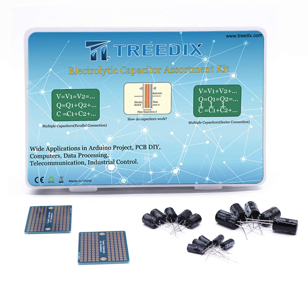 Treedix 24 Values 0.1uF-1000uF 500pcs Electrolytic Capacitor Assorted Assortment Kit Set Black 10V 16V 25V 50V with Plastic Case+2 pcs Mini Breadboard