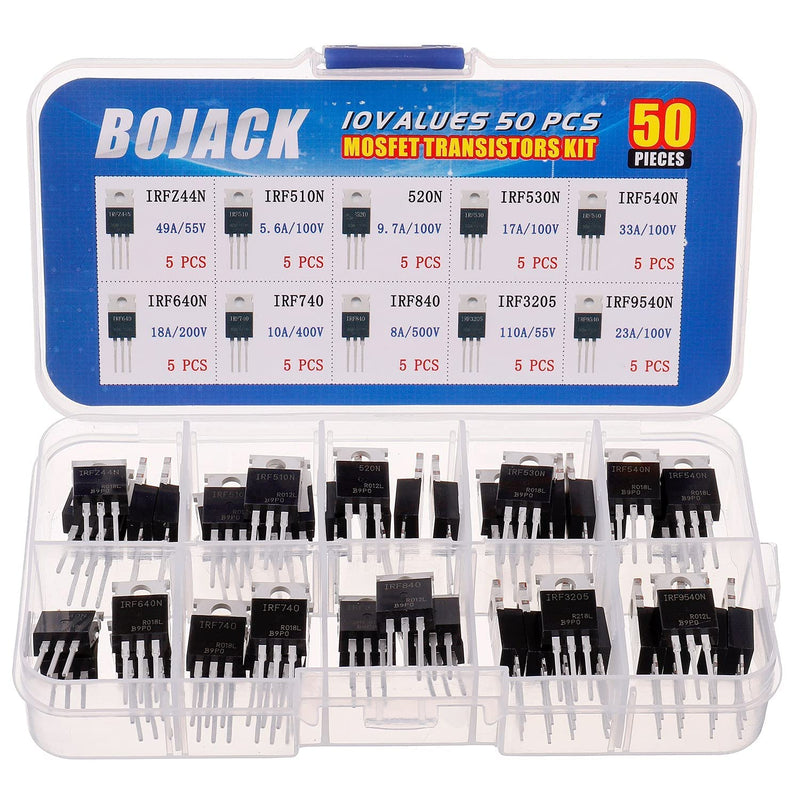 BOJACK 10 Values 50 Pcs IRFZ44N IRF510N IRF530N IRF540N IRF640N IRF740 IRF840 IRF3205 IRF9540 IRF Series transistors MOSFET Assortment Kit