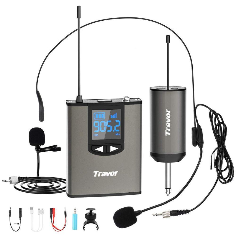 [AUSTRALIA] - Travor Wireless Microphone System Headset/Lavalier Lapel Mic 164ft Range with Rechargeable Bodypack Transmitter & Receiver 1/4" Output for Live Performances, Support Phone 