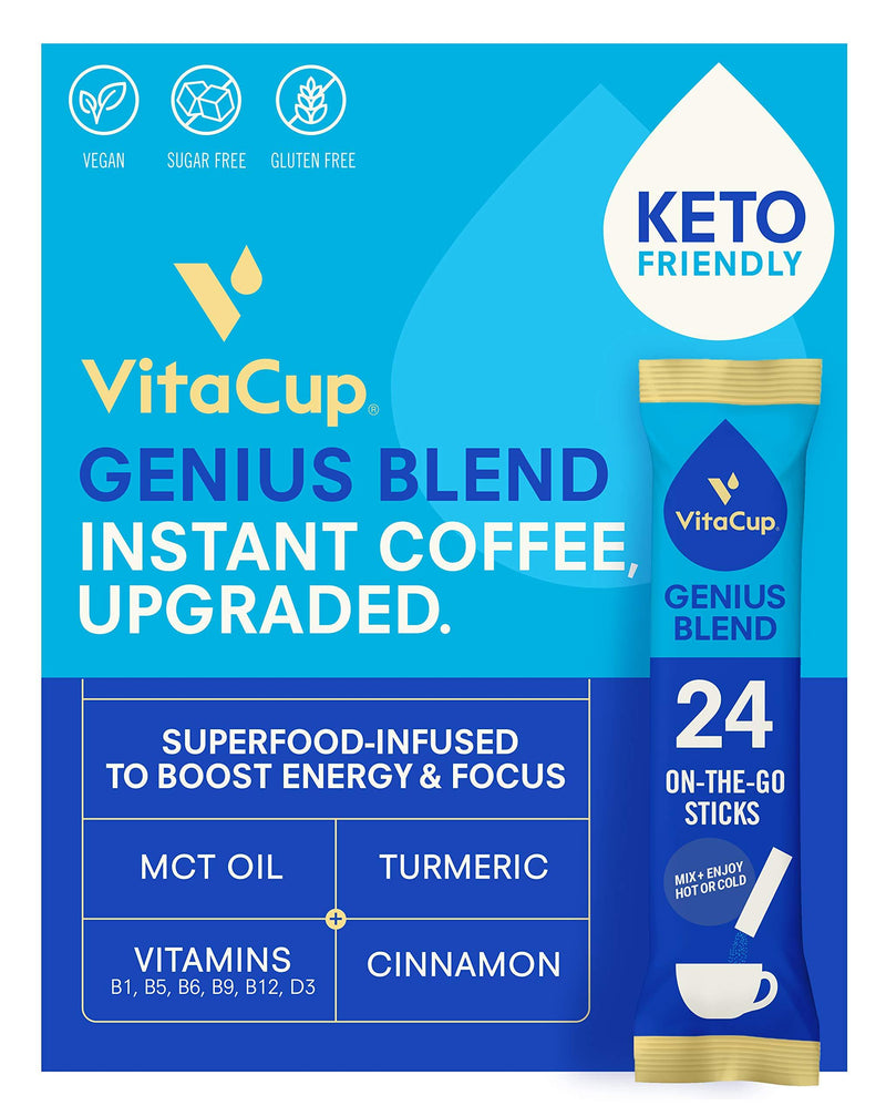 Genius Instant Coffee Packets by VitaCup, Serve Hot or Cold Brew for Keto Energy & Focus with MCT Oil, Turmeric, Vitamins B1, B5, B6, B9, B12, D3 in single serve packs, 24 sticks Genius 24 Count (Pack of 1)