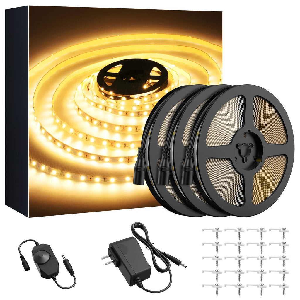 Onforu 49.2ft LED Strip Light, 3000K Warm White Dimmable Tape Light, 15m 12v Flexible Ribbon Light, 2835 LEDs Rope Lighting for Home, Kitchen, Under Cabinet, Bedroom, Non-Waterproof