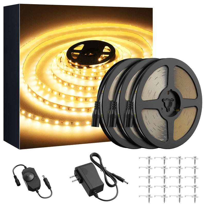 Onforu 49.2ft LED Strip Light, 3000K Warm White Dimmable Tape Light, 15m 12v Flexible Ribbon Light, 2835 LEDs Rope Lighting for Home, Kitchen, Under Cabinet, Bedroom, Non-Waterproof