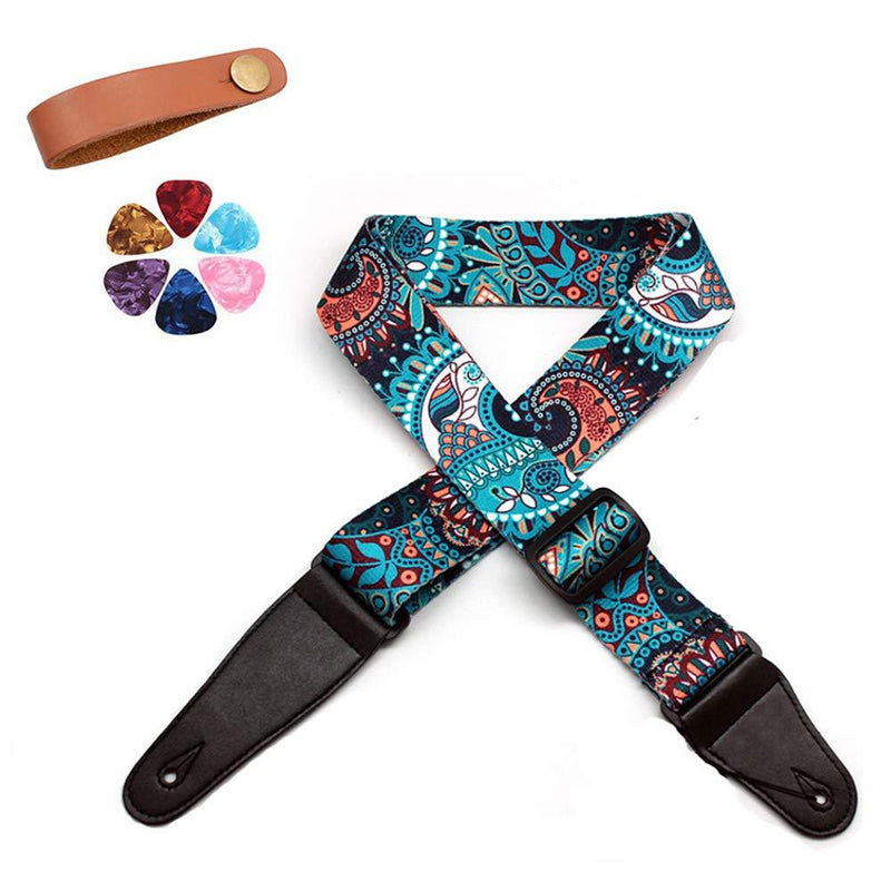 Printed Guitar Strap & Leather Ends with 6 Guitar Picks and 1 Strap Button. Shoulder Strap or Bass, Electric & Acoustic Guitars, Ideal Choice for Men Women Guitarist (Printed Blue) Printed Blue