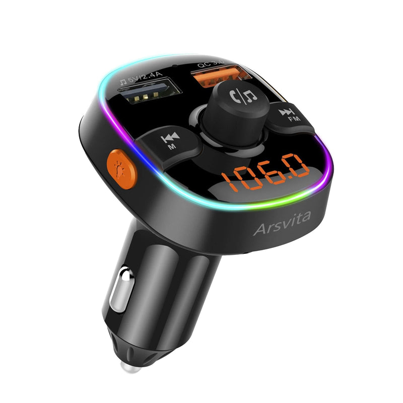 Arsvita Bluetooth Car FM Transmitter, Wireless Audio Adapter Receiver, Support Siri/Google Voice Wake-up, Color Light, with QC3.0 Quick Charge Dual USB Ports and Support TF Card.