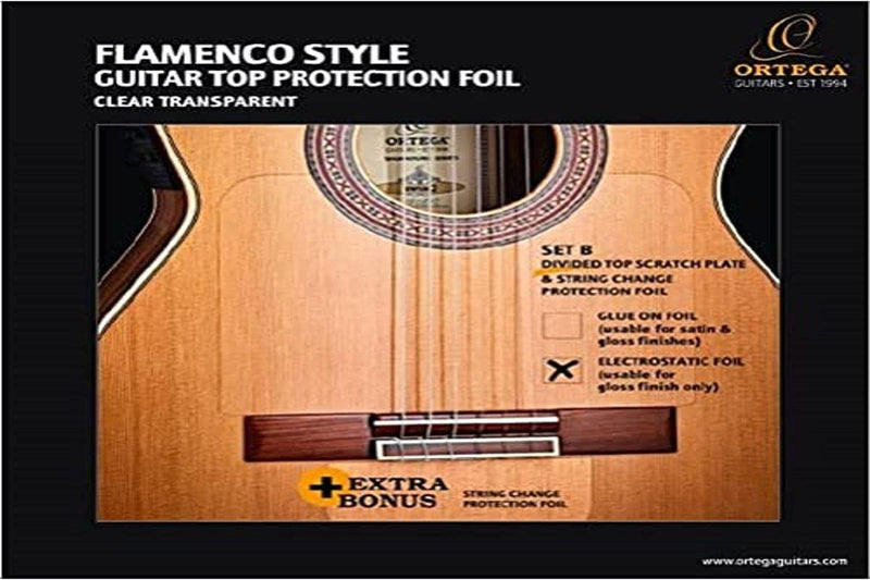 Ortega Guitars Flamenco Divided Top Scratch Plate Pickguard w/String Change Foil - Electrostatic - Transparent, Clear (OERP-FLAM2) Reusable