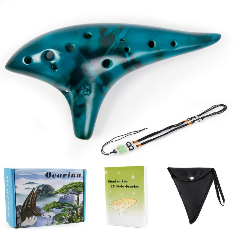 Ocarina 12 Tones Alto C with Song Book Neck String Neck Cord Carry bag for students beginners (Blue) Blue