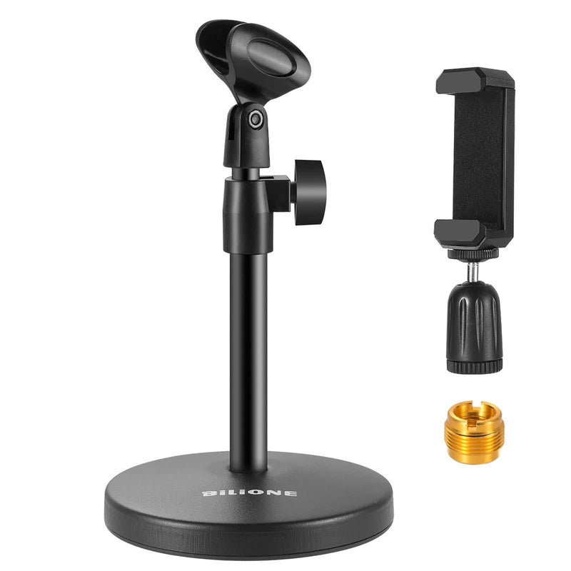 [AUSTRALIA] - BILIONE 3 in 1 Mul-Function Desktop Microphone Stand, Adjustable Table Mic Stand with Microphone Clip, Cell Phone Clip, 5/8" Male to 3/8" Female Metal Adapter 