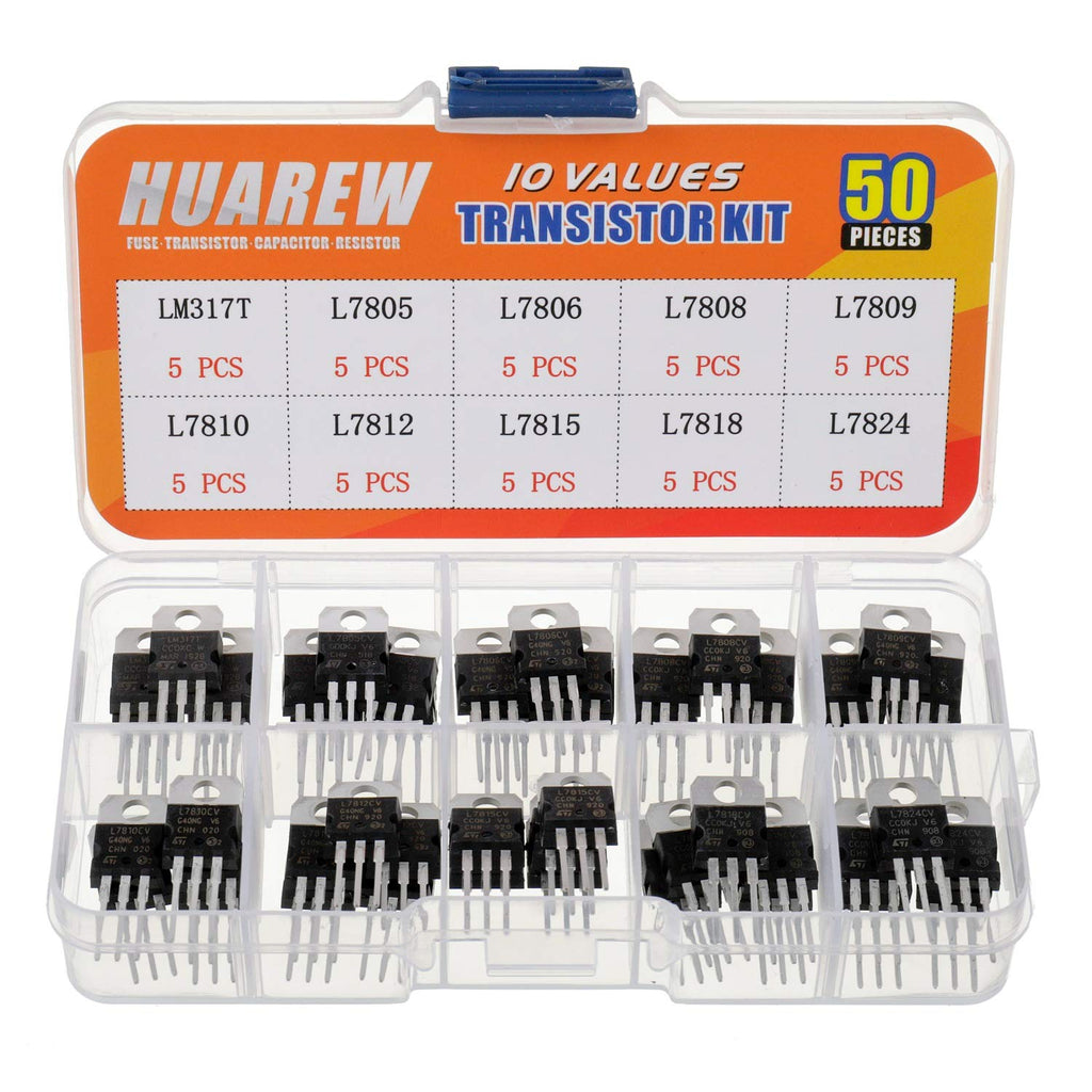 HUAREW 10 Values 50 Pcs Positive Fixed Voltage Regulator LM317T L7805 L7806 L7808 L7809 L7810 L7812 L7815 L7818 L7824 TO-220 Package IC Assortment Kit