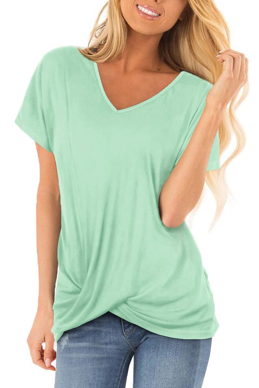 Sieanear Womens T Shirts Short Sleeve V Neck Solid Color Twist Knotted Summer Casual Tops 1-aque Green Small
