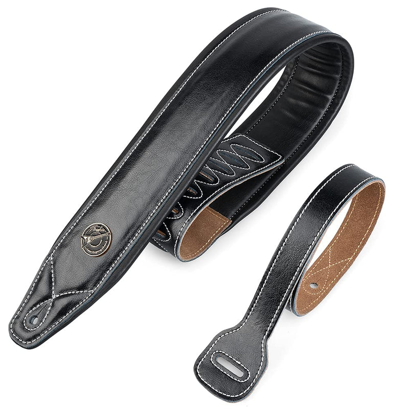 Guitar Strap Leather 3 Inch Wide Full Grain Padded Soft Leather Strap for Acoustic, Electric and Bass Guitars (Black) Black