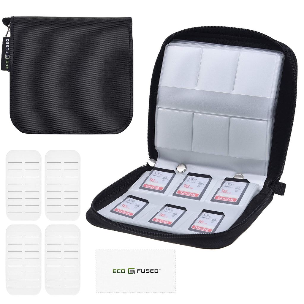 Eco-Fused Memory Card Case - Fits up to 44x SD, SDHC, Micro SD, Mini SD and 4X CF - Holder with 44 Slots (8 Pages) - for Storage and Travel - Microfiber Cleaning Cloth and Labels Included Black