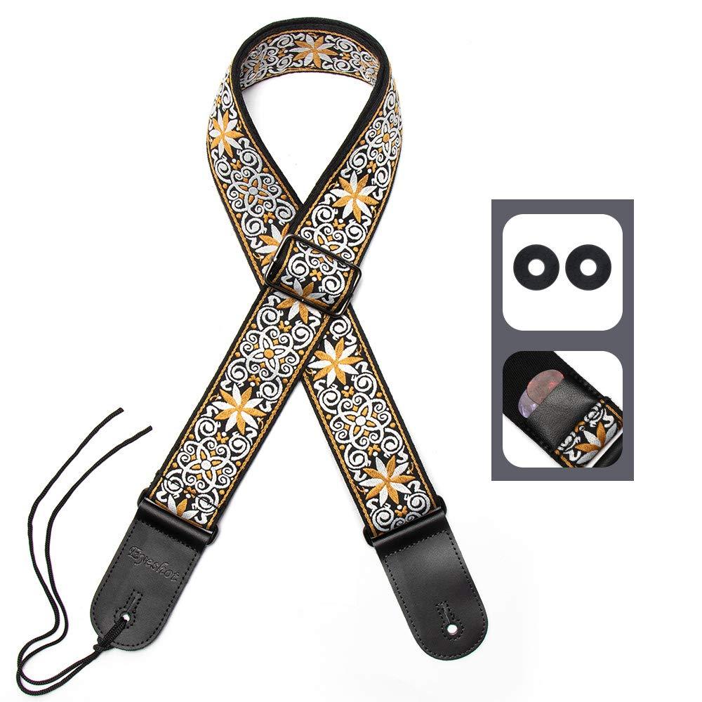 Eyeshot Guitar Strap Adjustable Jacquard Woven Guitar Strap with Genuine Leather End, Acoustic Electric Bass Vintage Guitar Strap with Strap Locks & Strap Picks Jacquard King Style