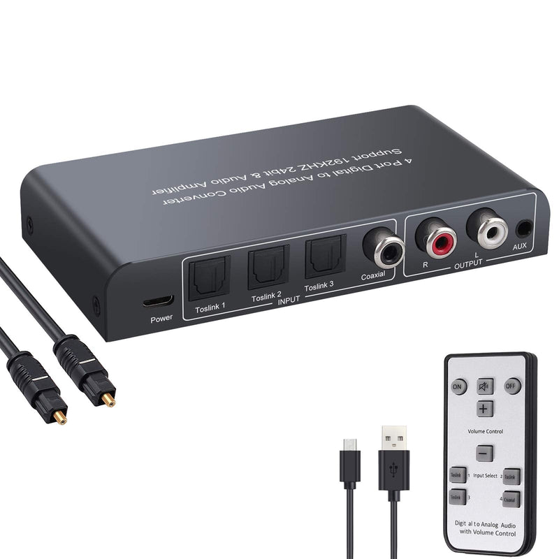 LiNKFOR DAC Converter 192kHz Digital to Analog Audio Converter 3 Optical SPDIF Toslink + 1 Coaxial Switch to Analog Stereo L/R RCA 3.5mm Audio Adapter Support Volume Control/Mute/Power ON or Off by