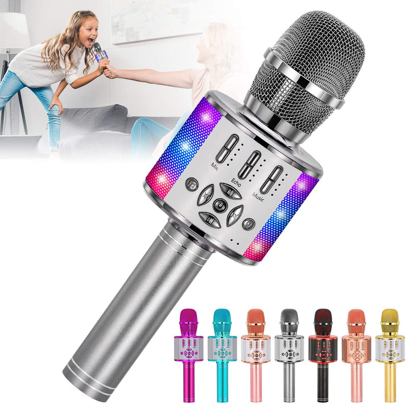 Amazmic Kids Karaoke Microphone Machine Toy Bluetooth Microphone Portable Wireless Karaoke Machine Handheld with LED Lights, Gift for Children Adults Birthday Party, Home KTV(Gray) Gray