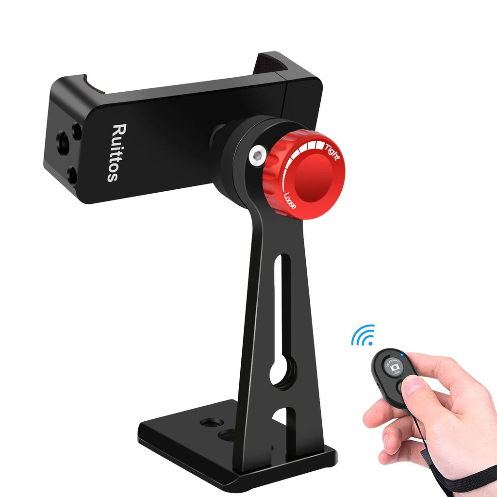 Metal Phone Tripod Mount with Remote, Ruittos Phone Tripod Adapter Holder 360 Degree Rotation Vertical Video Smartphone Bracket Clip Compatible with iPhone X XS XR 8 Samsung Galaxy S10 S9+ Huawei