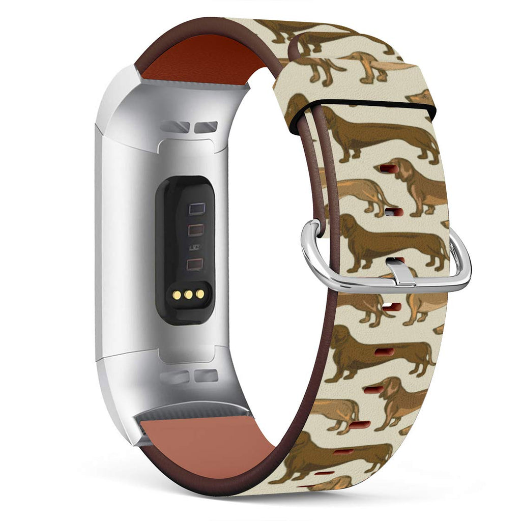 Generies (Beige Brown Dachshund Dogs) Patterned Replacement Leather Wristband Strap Compatible with Fitbit Charge 4 / Charge 3