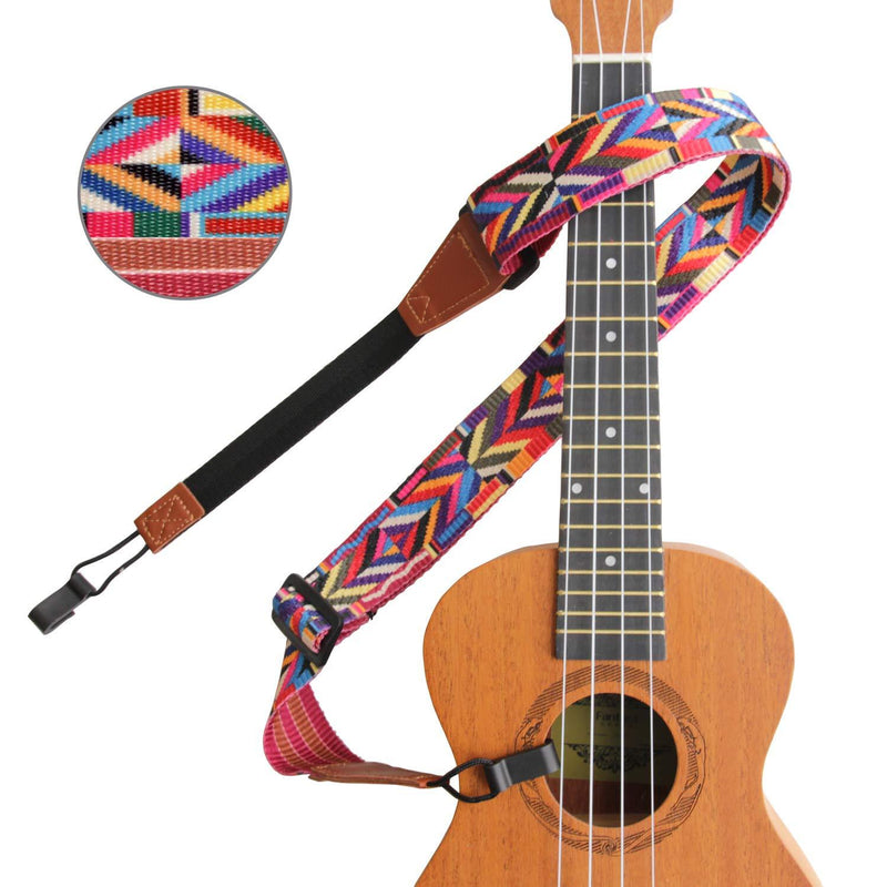 Ukulele Strap No Drill, Ethnic Multicolor Jacquard Woven Ukelele Shoulder Strap Button Free with Double J Hooks Clip On, Easy to Use, Adjustable & Fits Most Standard Sizes Uke Ethnic Color