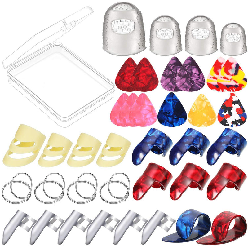 38 Pieces Guitar Accessory Kit Including 22 Pieces Finger Picks Thumb Picks, 12 Pieces Guitar Picks Plectrums and 4 Pieces Guitar Finger Protectors with Clear Storage Box