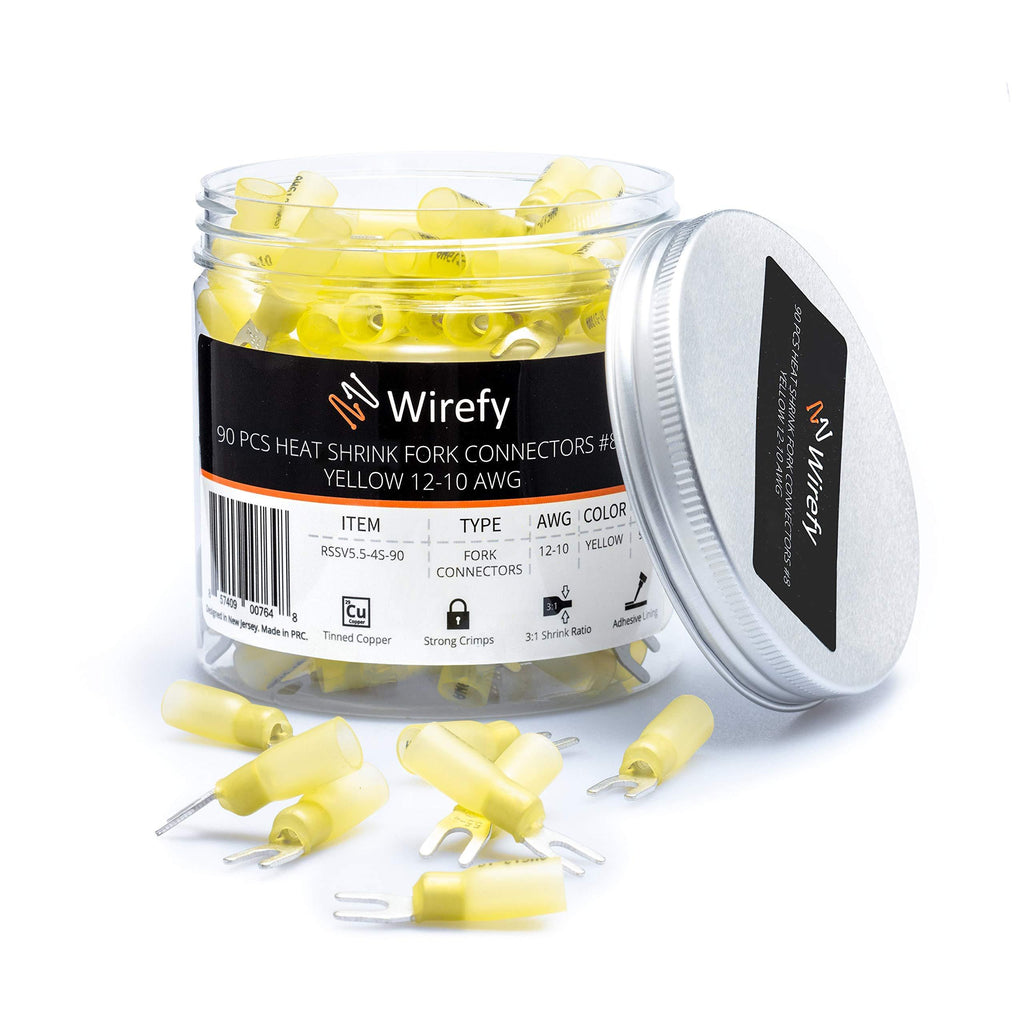 90 PCS Wirefy Heat Shrink Fork Connectors #8 - Crimp Fork Terminals - Yellow 12-10 Gauge 90 Fork Connectors #8 Yellow 12-10 AWG