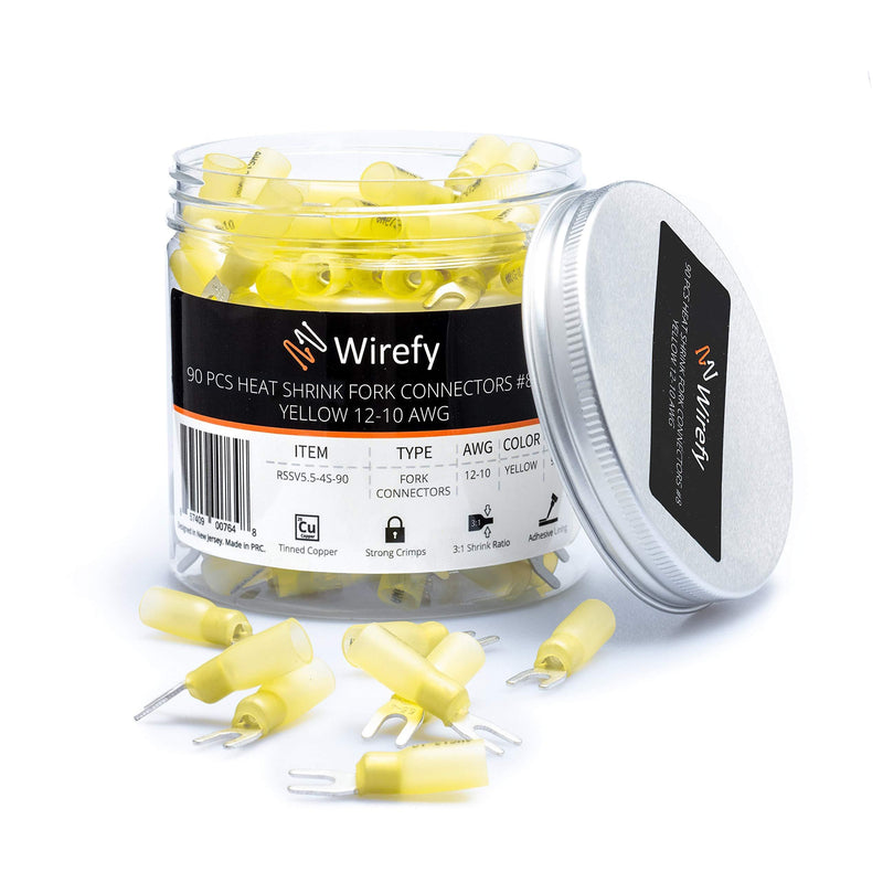 90 PCS Wirefy Heat Shrink Fork Connectors #8 - Crimp Fork Terminals - Yellow 12-10 Gauge 90 Fork Connectors #8 Yellow 12-10 AWG
