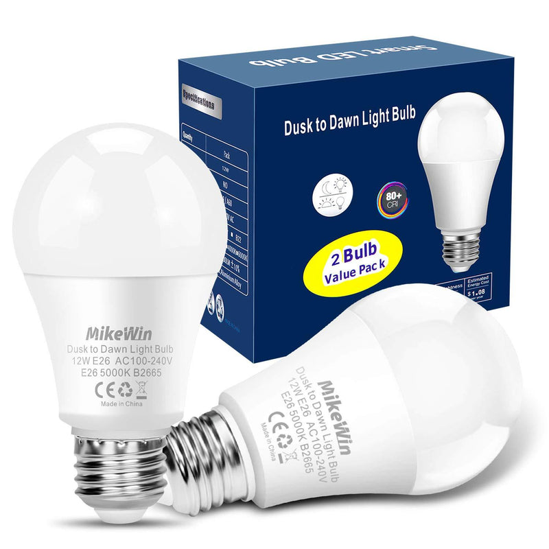 MikeWin Outdoor Dusk to Dawn Light Bulbs 2 Pack, 12W(100W Equivalent), E26 5000K, Built-in Photocell Detector, Auto On/Off, Smart Sensor LED Lighting Bulb for Porch Hallway Garage Boundary Cool White 5000K 2p