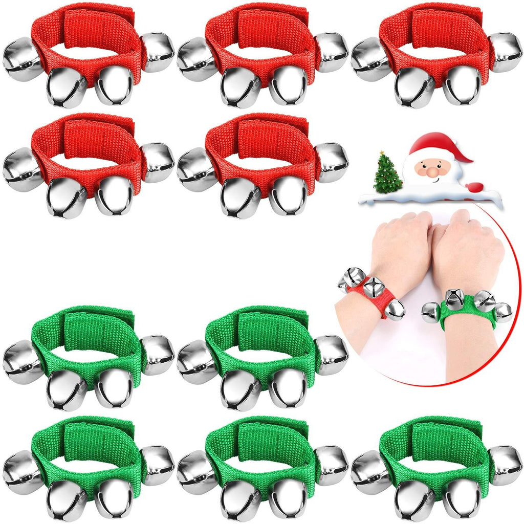 10PCS Christmas Wrist Band Jingle Bells, Musical Instruments for Christmas Party Favors (Red and Green)