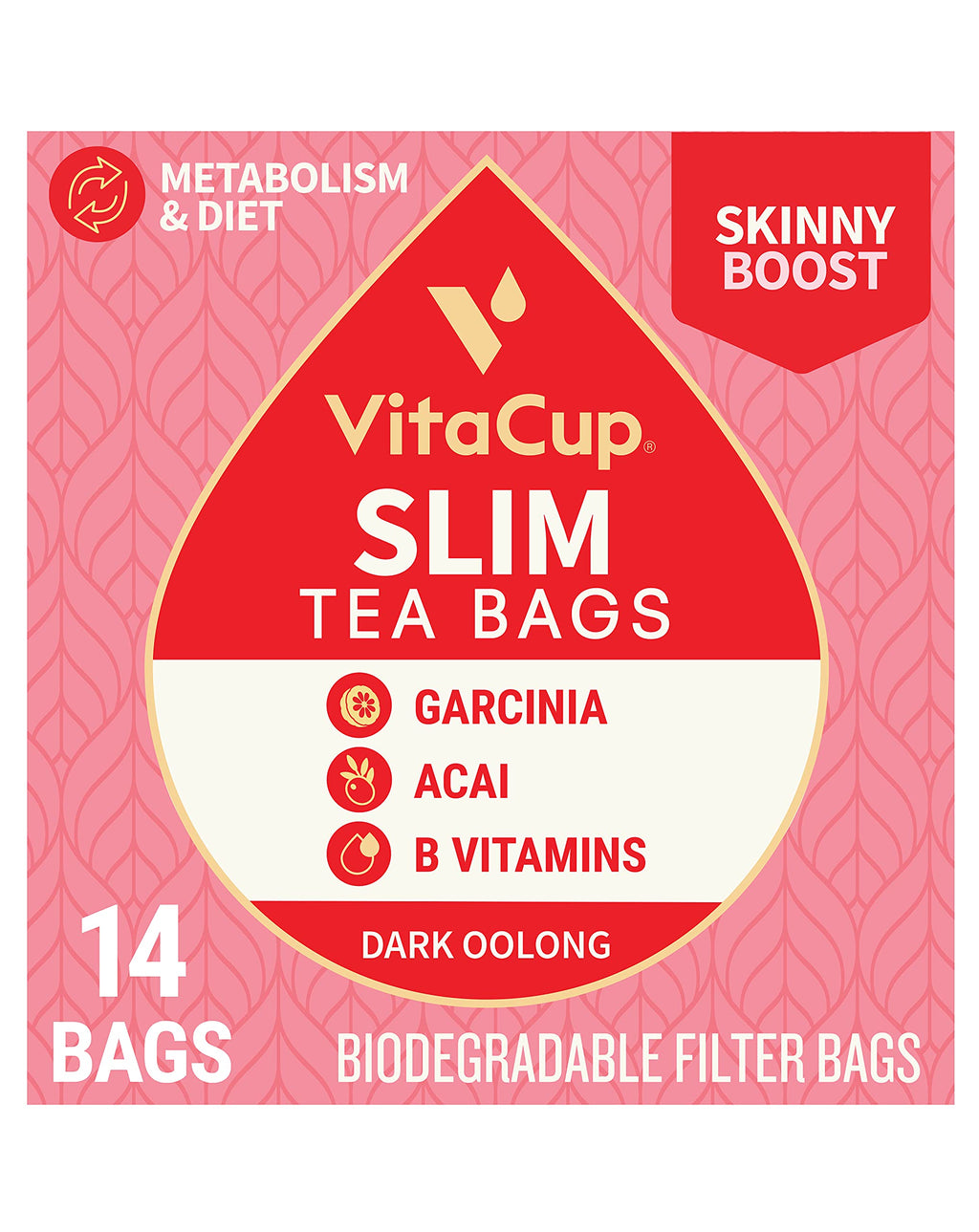Slim Tea Bags by VitaCup for Skinny Diet, Metabolism, & Detox, Oolong Tea with Acai Berry, Garcinia, B Vitamins in a Single Serve Tea Sachet Bag, 14 CT Slim 14 Count (Pack of 1)