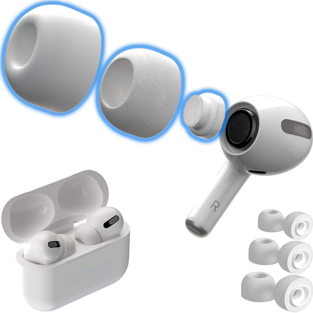CharJenPro Patented Design Memory Foam Ear Tips for AirPods Pro w/Silicone Shield. AirFoams Pro Active 2.0 Lasts 5X Longer. Replacement Tip. As seen on Kickstarter. (S/M/L, 3 Pairs, White) 3 Pairs: Small, Medium, Large