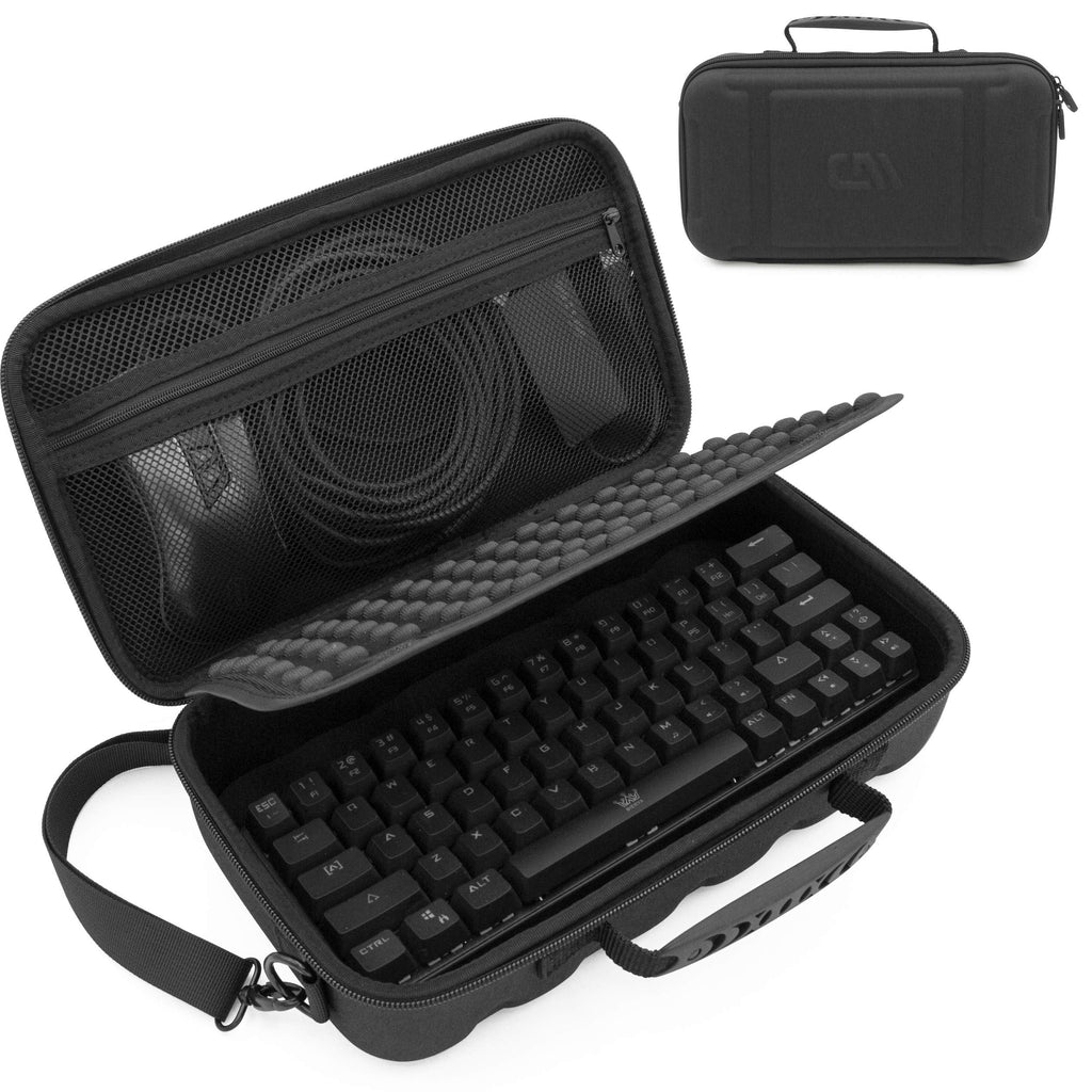 CASEMATIX 60% Keyboard Case for 61 Key Mechanical Keyboards up to 11.5" - Protective Hard Shell Travel Case with Shoulder Strap, Padded Divider and Accessory Storage, Black