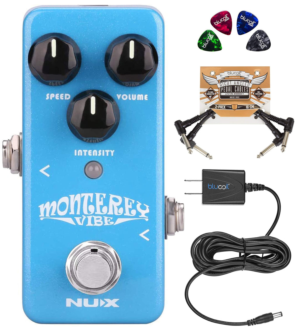 [AUSTRALIA] - NUX Monterey Vibe Guitar Effects Pedal Bundle with Blucoil 9V Power Supply AC Adapter, 2-Pack of Pedal Patch Cables, and 4-Pack of Celluloid Guitar Picks 