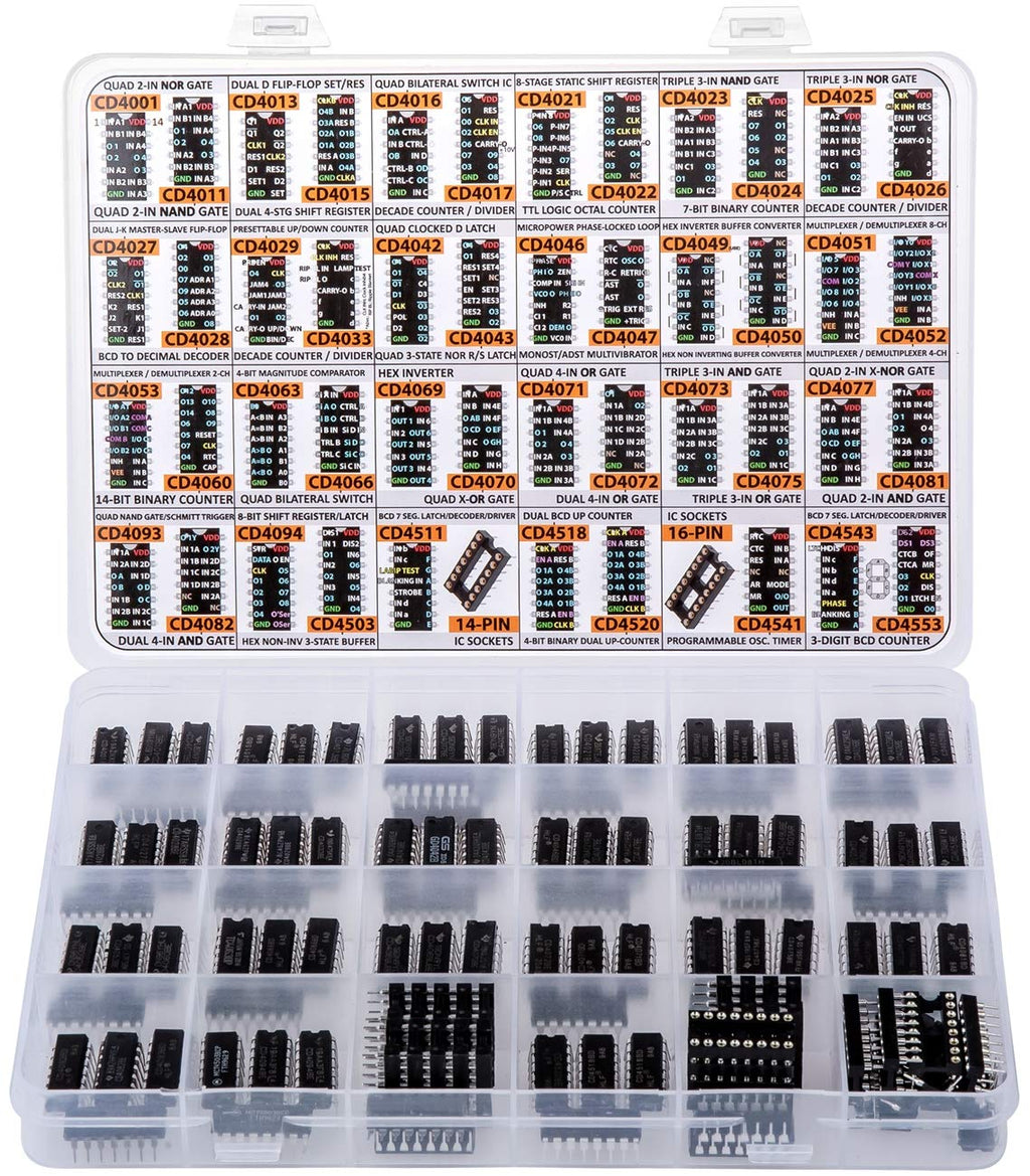 Big CMOS Logic 4000 4500 IC Series Assortment Box 46 Types, 120 pcs, CD4001 CD4011 CD4017 CD4022 CD4027 CD4047 CD4049UBE CD4060 CD4071 CD4081 CD4503 CD4543 CD4553 etc.