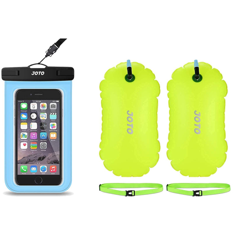 JOTO Universal Blue Waterproof Pouch for iPhone 11 Pro Max, Galaxy S20 Note 10+ up to 6.9" Bundle with (2 Pack) Swim Buoy Float (Neon Yellow)