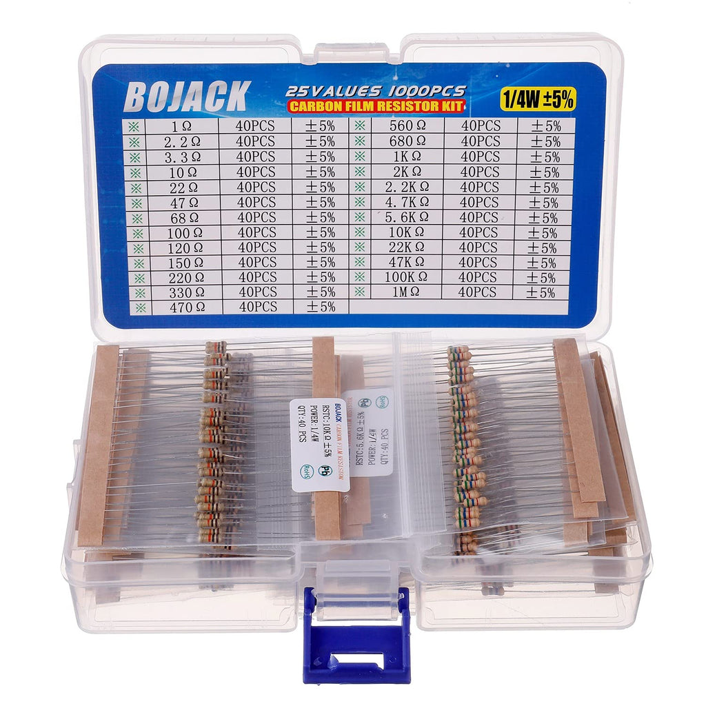 BOJACK 1000 Pcs 25 Values Resistor Kit 1 Ohm-1M Ohm with 5% 1/4W Carbon Film Resistors Assortment 1/4 W