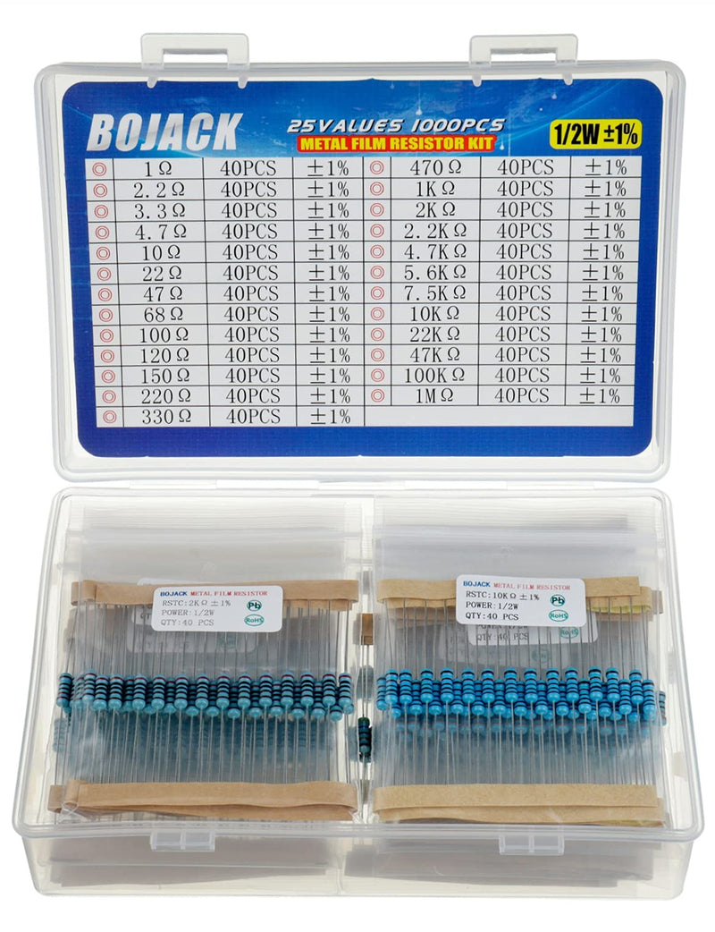 BOJACK 1000 Pcs 25 Values Resistor Kit 1 Ohm-1M Ohm with 1% 1/2W Metal Film Resistors Assortment 1/2 W